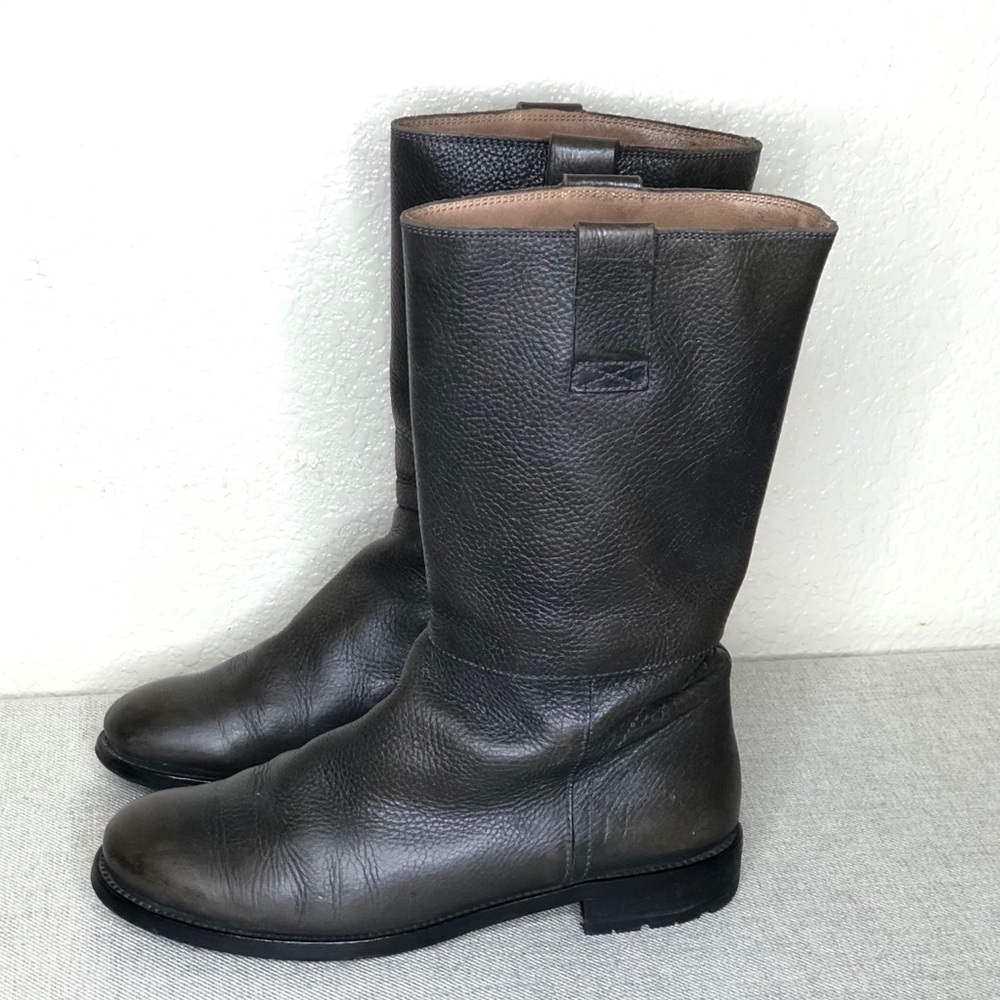 Leather Mid-Calf Combat Boots in Dark Brown